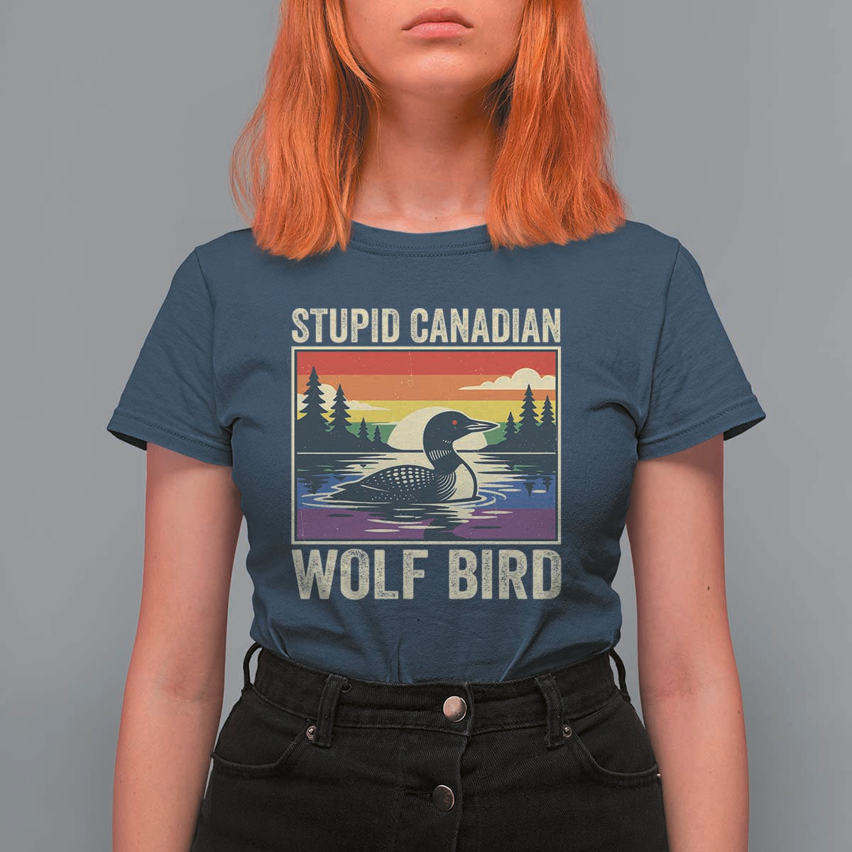 Stupid Canadian Wolf Bird T Shirt For Women Funny Common Loon Meme LGBT Hockey - Wonder Print Shop