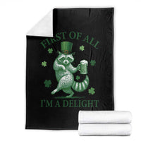 Funny St Patricks Day Raccoon Throw Blanket First Of All I Am A Delight Trash Panda Drinking Beer