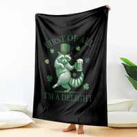 Funny St Patricks Day Raccoon Throw Blanket First Of All I Am A Delight Trash Panda Drinking Beer