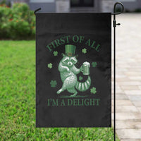 Funny St Patricks Day Raccoon Garden Flag First Of All I Am A Delight Trash Panda Drinking Beer