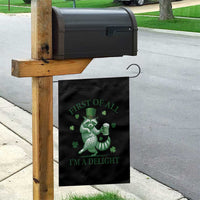 Funny St Patricks Day Raccoon Garden Flag First Of All I Am A Delight Trash Panda Drinking Beer