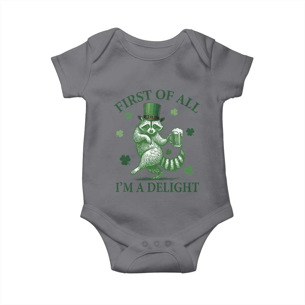 Funny St Patricks Day Raccoon Baby Onesie First Of All I Am A Delight Trash Panda Drinking Beer
