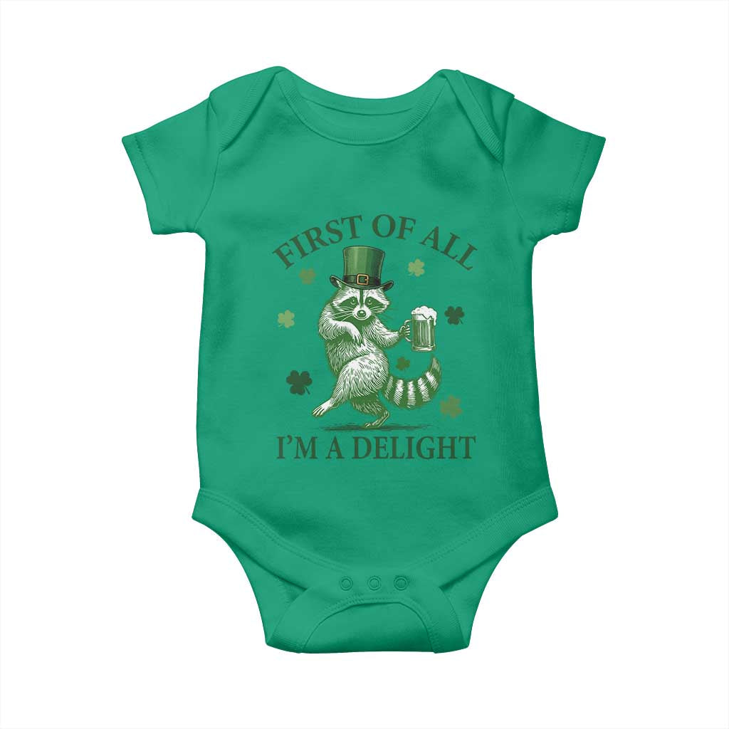 Funny St Patricks Day Raccoon Baby Onesie First Of All I Am A Delight Trash Panda Drinking Beer