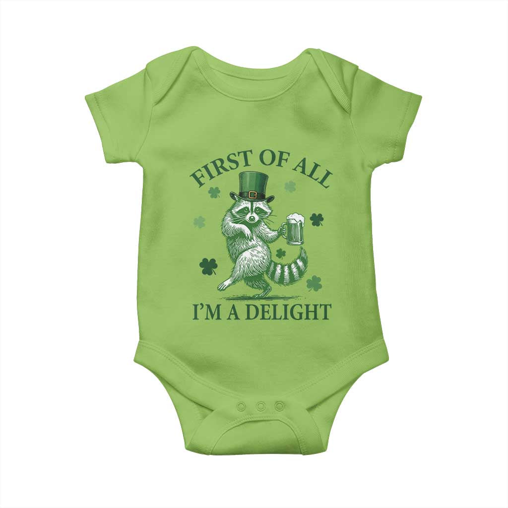 Funny St Patricks Day Raccoon Baby Onesie First Of All I Am A Delight Trash Panda Drinking Beer