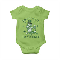 Funny St Patricks Day Raccoon Baby Onesie First Of All I Am A Delight Trash Panda Drinking Beer