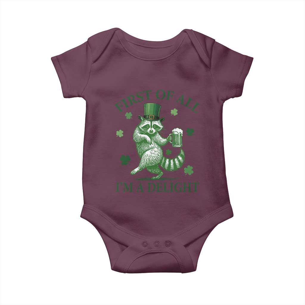 Funny St Patricks Day Raccoon Baby Onesie First Of All I Am A Delight Trash Panda Drinking Beer