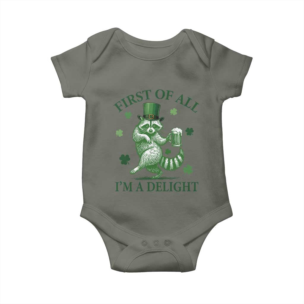 Funny St Patricks Day Raccoon Baby Onesie First Of All I Am A Delight Trash Panda Drinking Beer