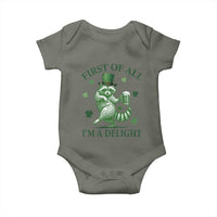 Funny St Patricks Day Raccoon Baby Onesie First Of All I Am A Delight Trash Panda Drinking Beer