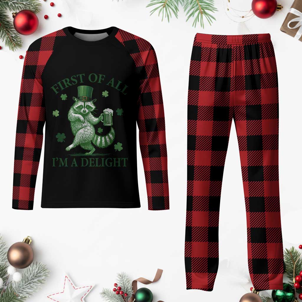 Funny St Patricks Day Raccoon Plaid Pajama Set First Of All I Am A Delight Trash Panda Drinking Beer