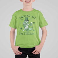 Funny St Patricks Day Raccoon T Shirt For Kid First Of All I Am A Delight Trash Panda Drinking Beer