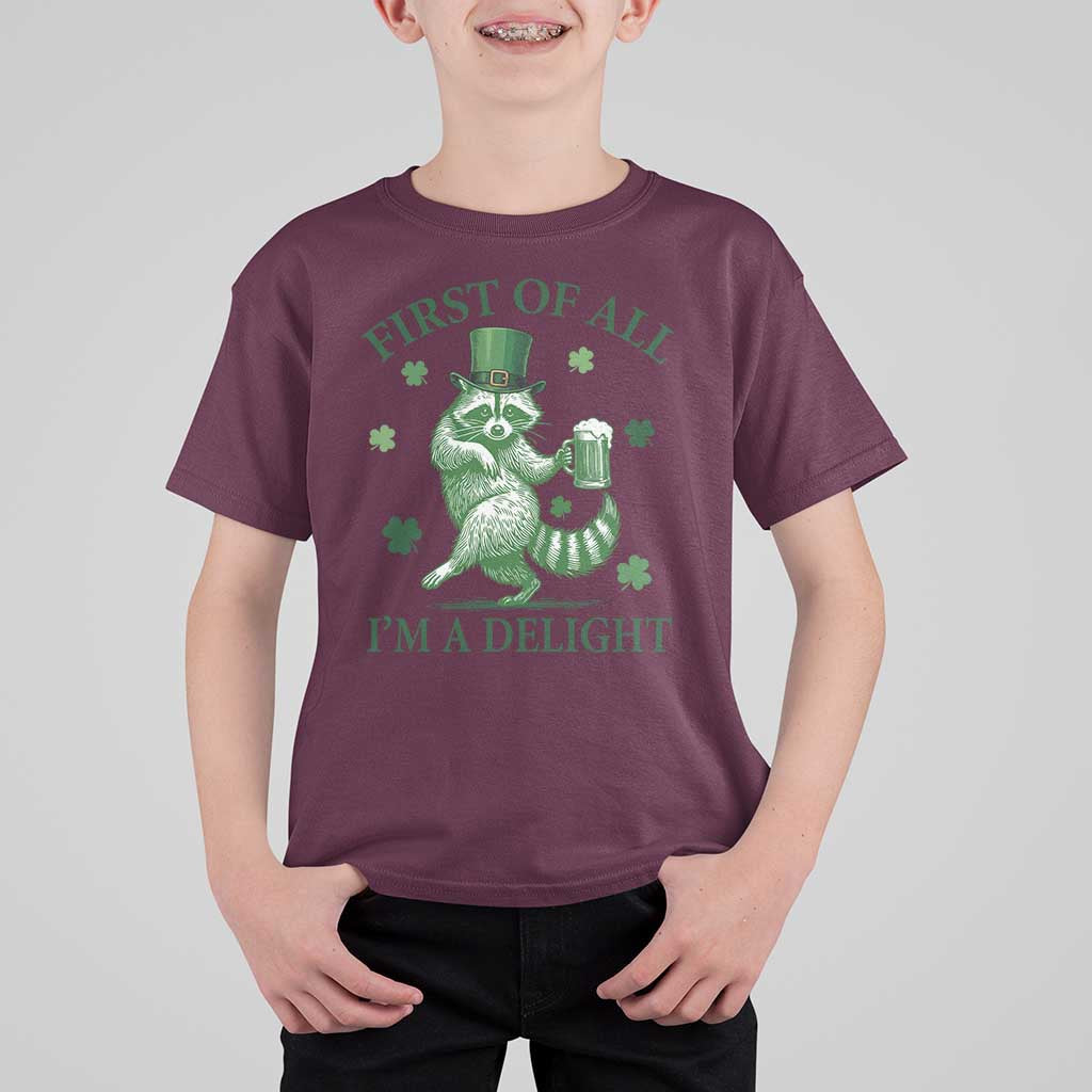 Funny St Patricks Day Raccoon T Shirt For Kid First Of All I Am A Delight Trash Panda Drinking Beer
