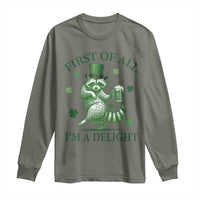 Funny St Patricks Day Raccoon Long Sleeve Shirt First Of All I Am A Delight Trash Panda Drinking Beer