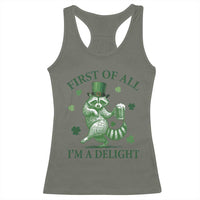 Funny St Patricks Day Raccoon Racerback Tank Top First Of All I Am A Delight Trash Panda Drinking Beer