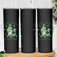 Funny St Patricks Day Raccoon Skinny Tumbler First Of All I Am A Delight Trash Panda Drinking Beer