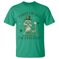 Funny St Patricks Day Raccoon T Shirt First Of All I Am A Delight Trash Panda Drinking Beer