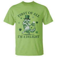 Funny St Patricks Day Raccoon T Shirt First Of All I Am A Delight Trash Panda Drinking Beer