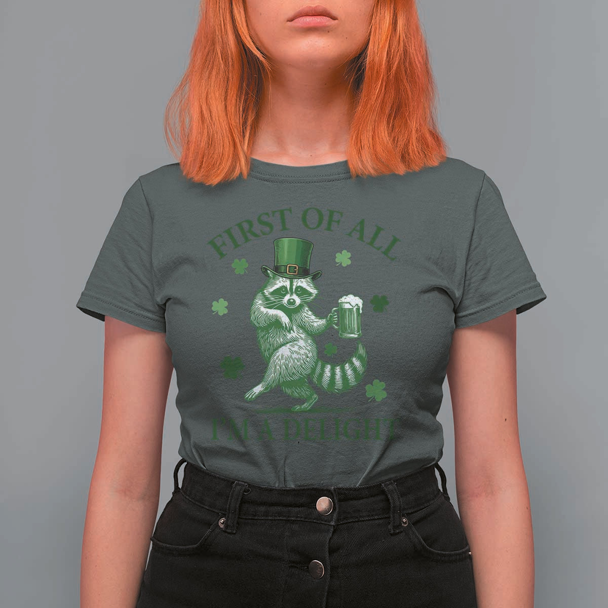 Funny St Patricks Day Raccoon T Shirt For Women First Of All I Am A Delight Trash Panda Drinking Beer