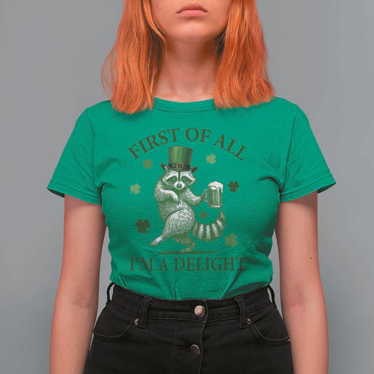Funny St Patricks Day Raccoon T Shirt For Women First Of All I Am A Delight Trash Panda Drinking Beer