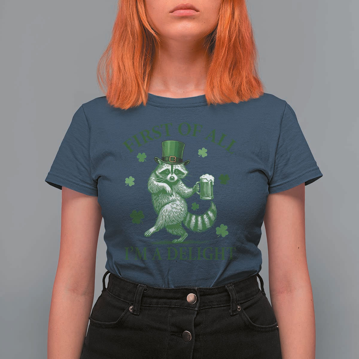 Funny St Patricks Day Raccoon T Shirt For Women First Of All I Am A Delight Trash Panda Drinking Beer