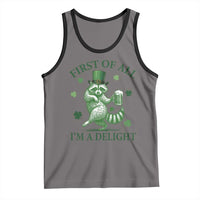 Funny St Patricks Day Raccoon Tank Top First Of All I Am A Delight Trash Panda Drinking Beer