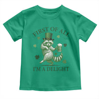 Funny St Patricks Day Raccoon Toddler T Shirt First Of All I Am A Delight Trash Panda Drinking Beer