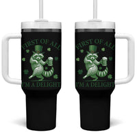 Funny St Patricks Day Raccoon Tumbler With Handle First Of All I Am A Delight Trash Panda Drinking Beer