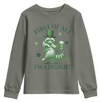 Funny St Patricks Day Raccoon Youth Sweatshirt First Of All I Am A Delight Trash Panda Drinking Beer