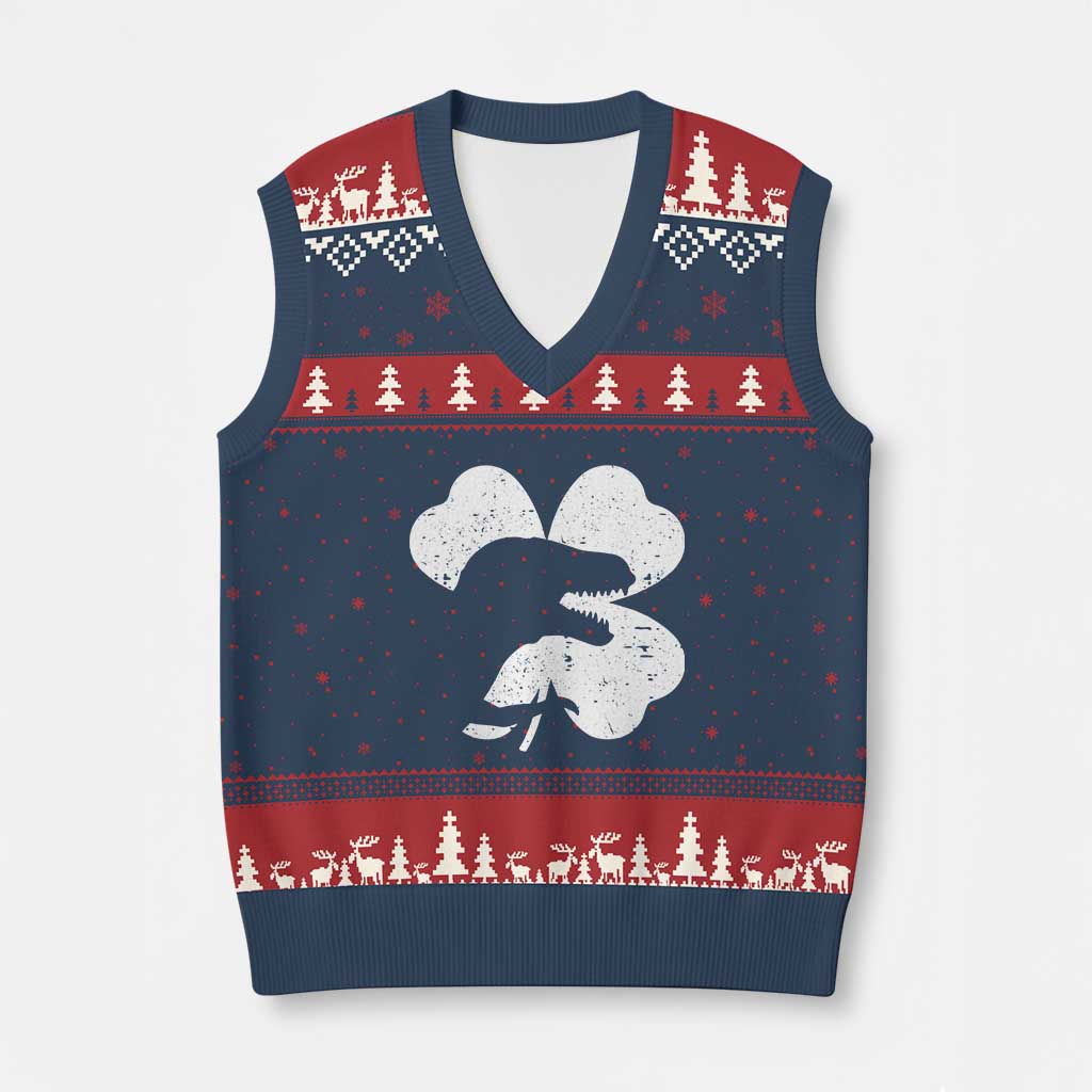 Funny St Patricks Day Dinosaur Shamrock V-Neck Knit Sweater Vest