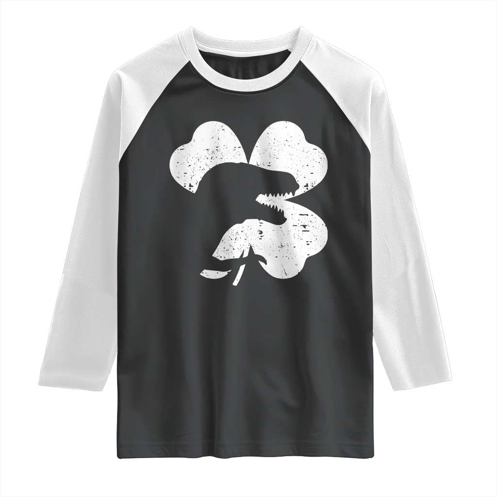 Funny St Patricks Day Dinosaur Shamrock Raglan Shirt
