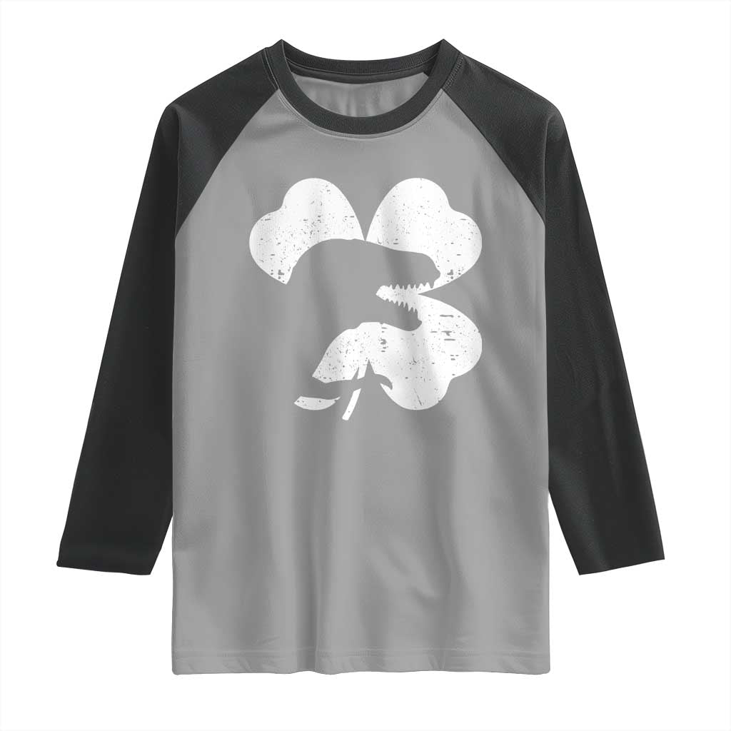 Funny St Patricks Day Dinosaur Shamrock Raglan Shirt