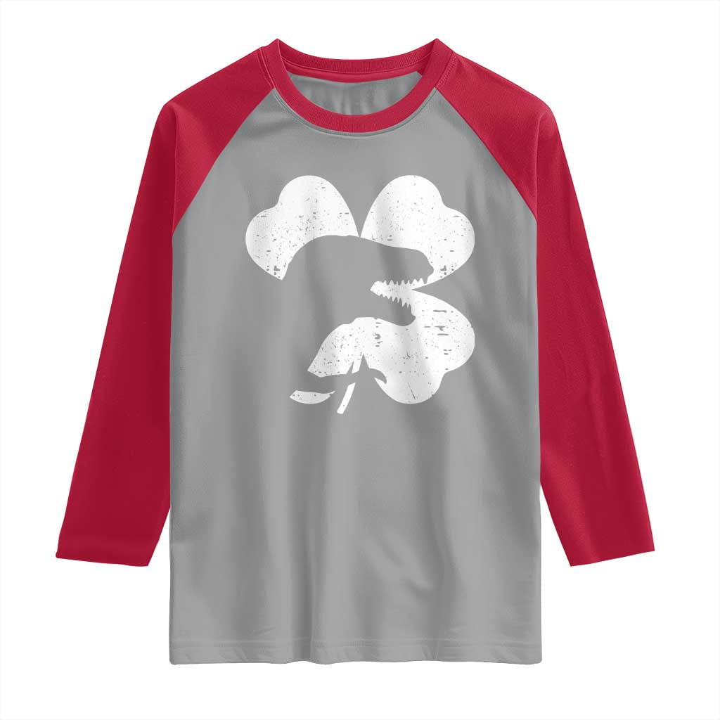Funny St Patricks Day Dinosaur Shamrock Raglan Shirt