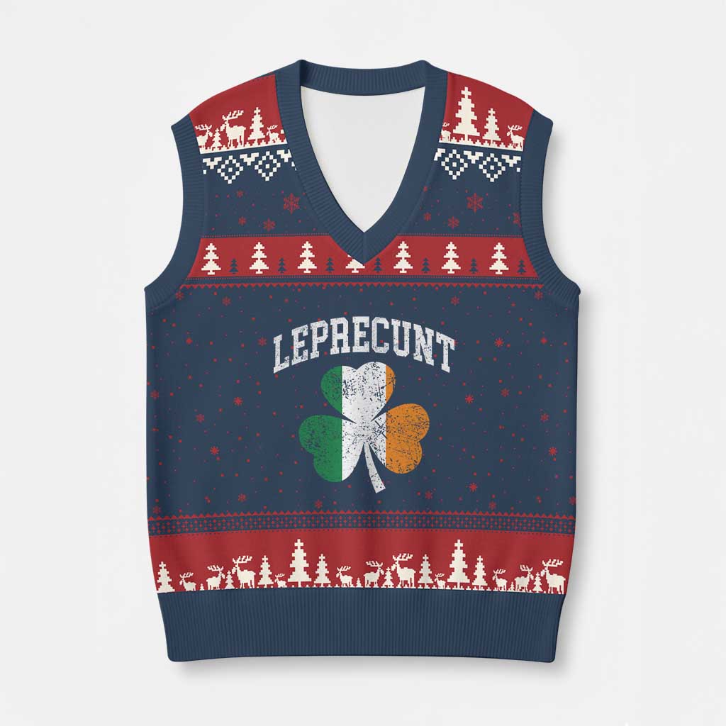 Funny Leprecunt St Patricks Day V-Neck Knit Sweater Vest Vintage Irish Shamrock Adult Humor