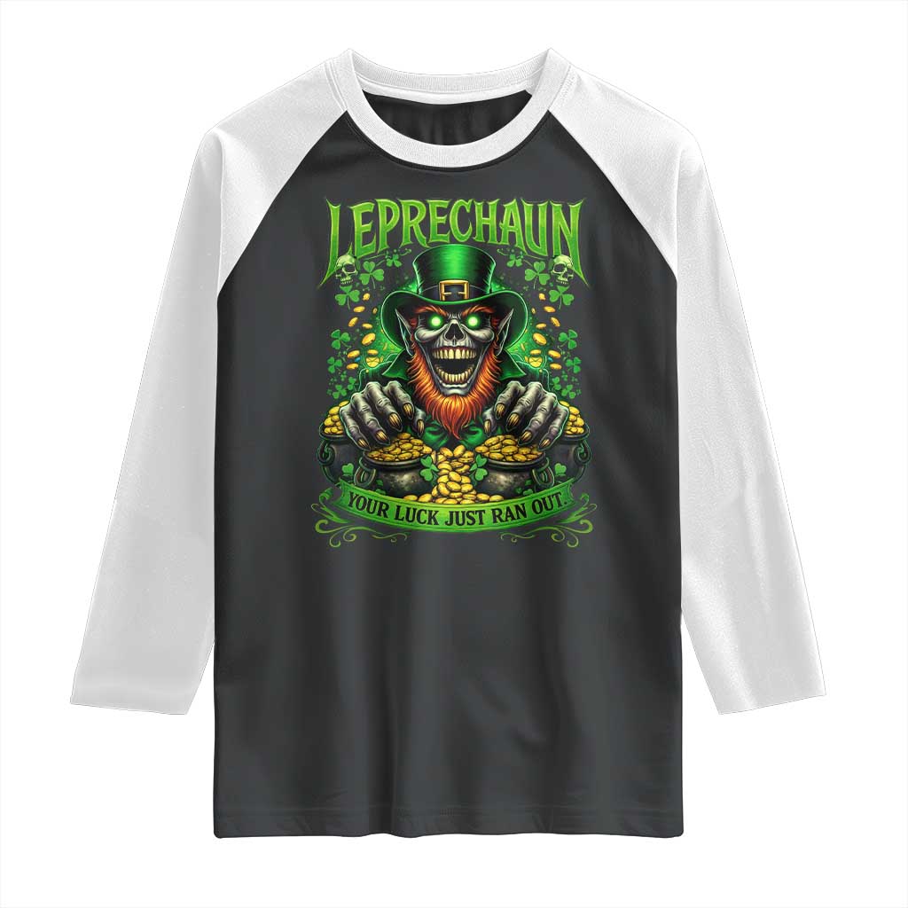 St Patricks Day Horror Leprechaun Raglan Shirt Your Luck Just Ran Out Creepy St Pattys Day