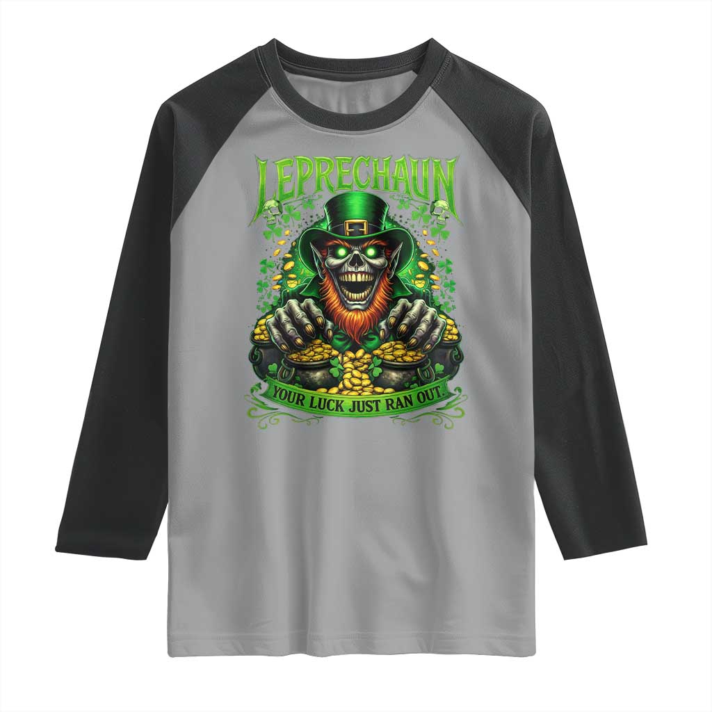 St Patricks Day Horror Leprechaun Raglan Shirt Your Luck Just Ran Out Creepy St Pattys Day