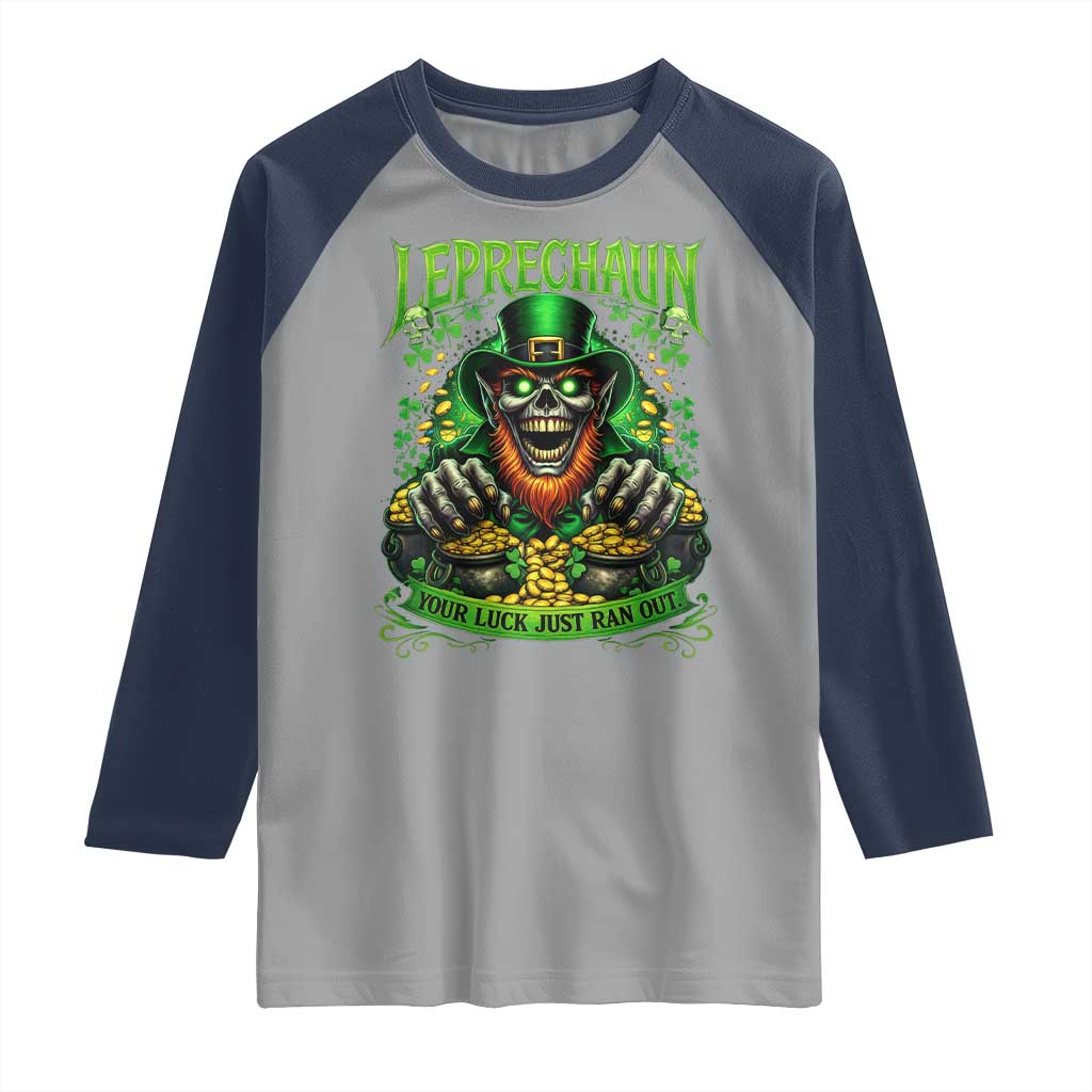St Patricks Day Horror Leprechaun Raglan Shirt Your Luck Just Ran Out Creepy St Pattys Day