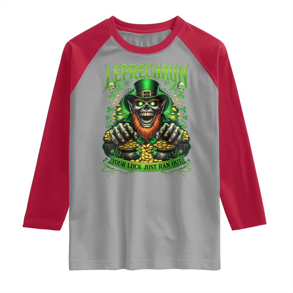 St Patricks Day Horror Leprechaun Raglan Shirt Your Luck Just Ran Out Creepy St Pattys Day