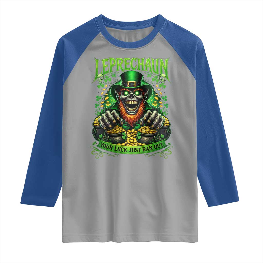 St Patricks Day Horror Leprechaun Raglan Shirt Your Luck Just Ran Out Creepy St Pattys Day