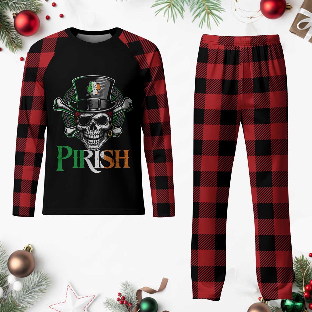 Funny St Patricks Day Pirate Plaid Pajama Set Pirish Vintage Irish Pirate Skull