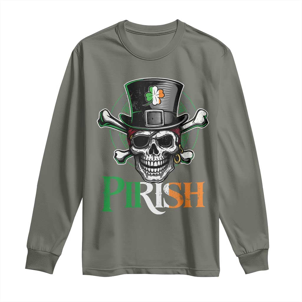 Funny St Patricks Day Pirate Long Sleeve Shirt Pirish Vintage Irish Pirate Skull
