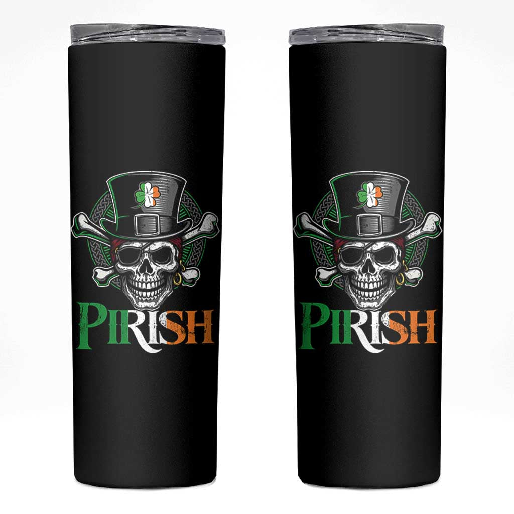 Funny St Patricks Day Pirate Skinny Tumbler Pirish Vintage Irish Pirate Skull