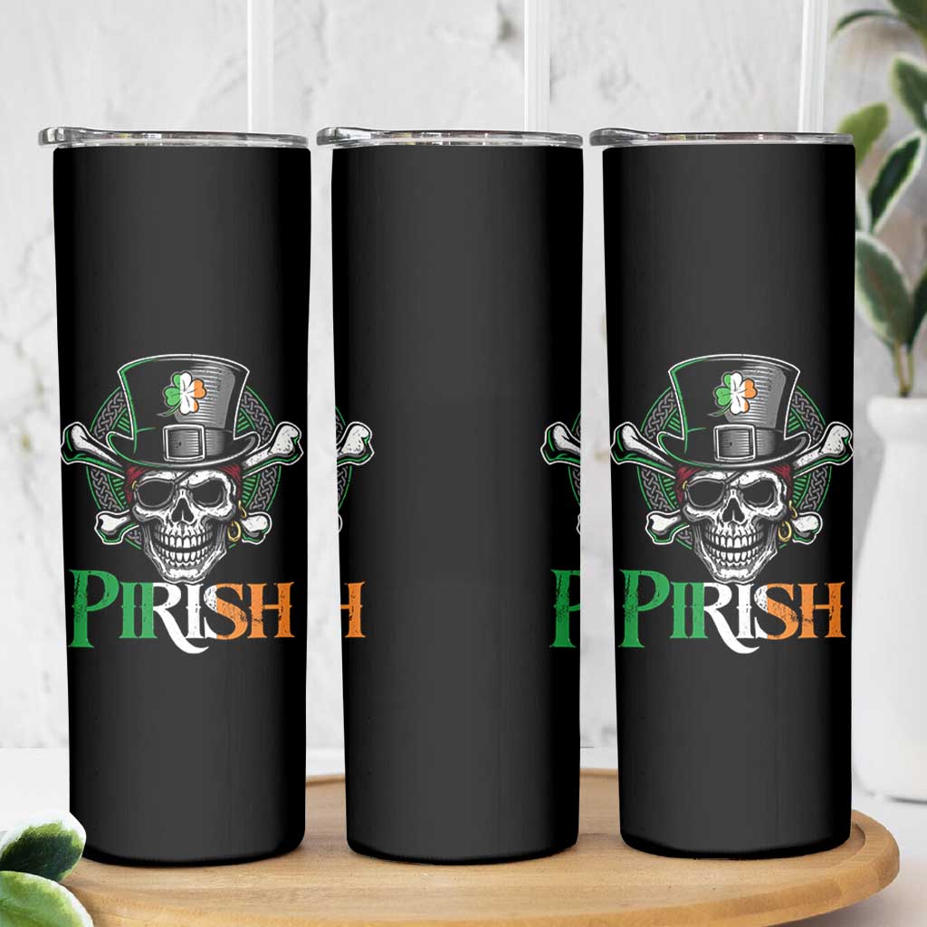 Funny St Patricks Day Pirate Skinny Tumbler Pirish Vintage Irish Pirate Skull