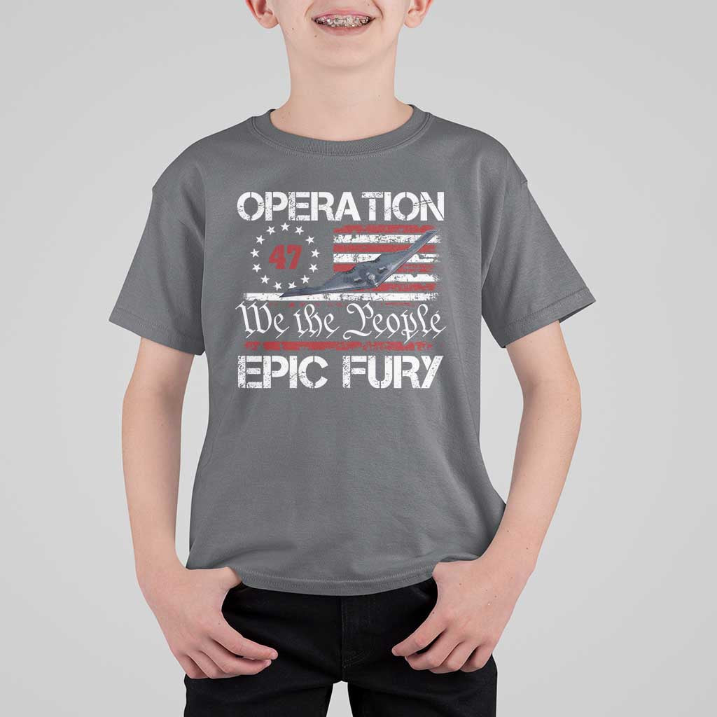 Operation Epic Fury T Shirt For Kid Military Bomber Stealth Jet Vintage American Flag