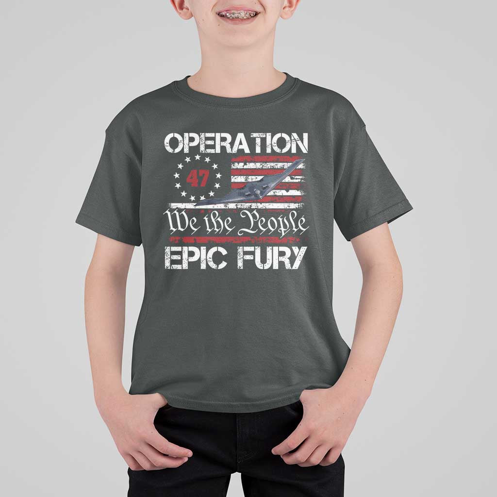 Operation Epic Fury T Shirt For Kid Military Bomber Stealth Jet Vintage American Flag