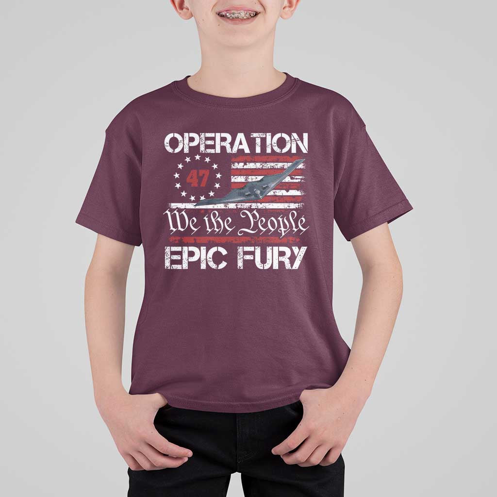 Operation Epic Fury T Shirt For Kid Military Bomber Stealth Jet Vintage American Flag