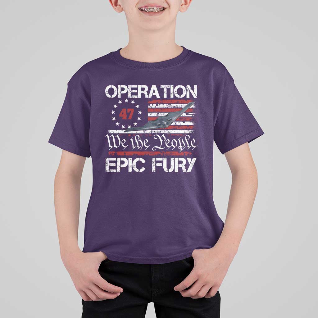 Operation Epic Fury T Shirt For Kid Military Bomber Stealth Jet Vintage American Flag