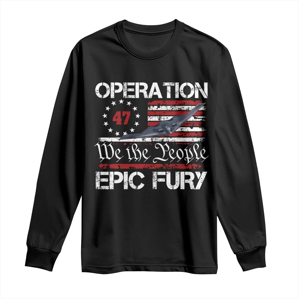Operation Epic Fury Long Sleeve Shirt Military Bomber Stealth Jet Vintage American Flag