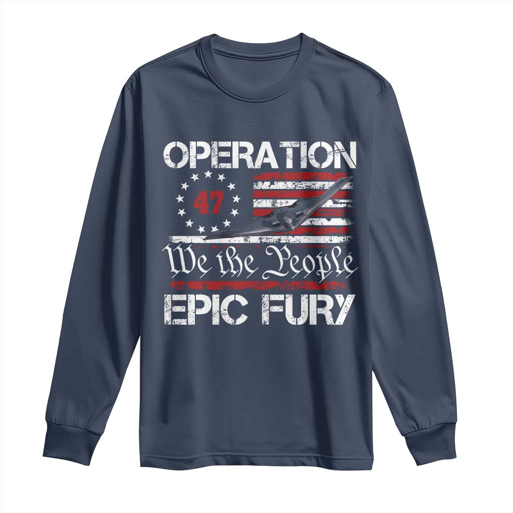 Operation Epic Fury Long Sleeve Shirt Military Bomber Stealth Jet Vintage American Flag