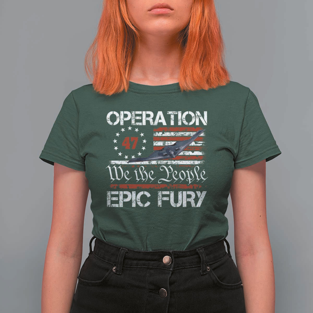 Operation Epic Fury T Shirt For Women Military Bomber Stealth Jet Vintage American Flag