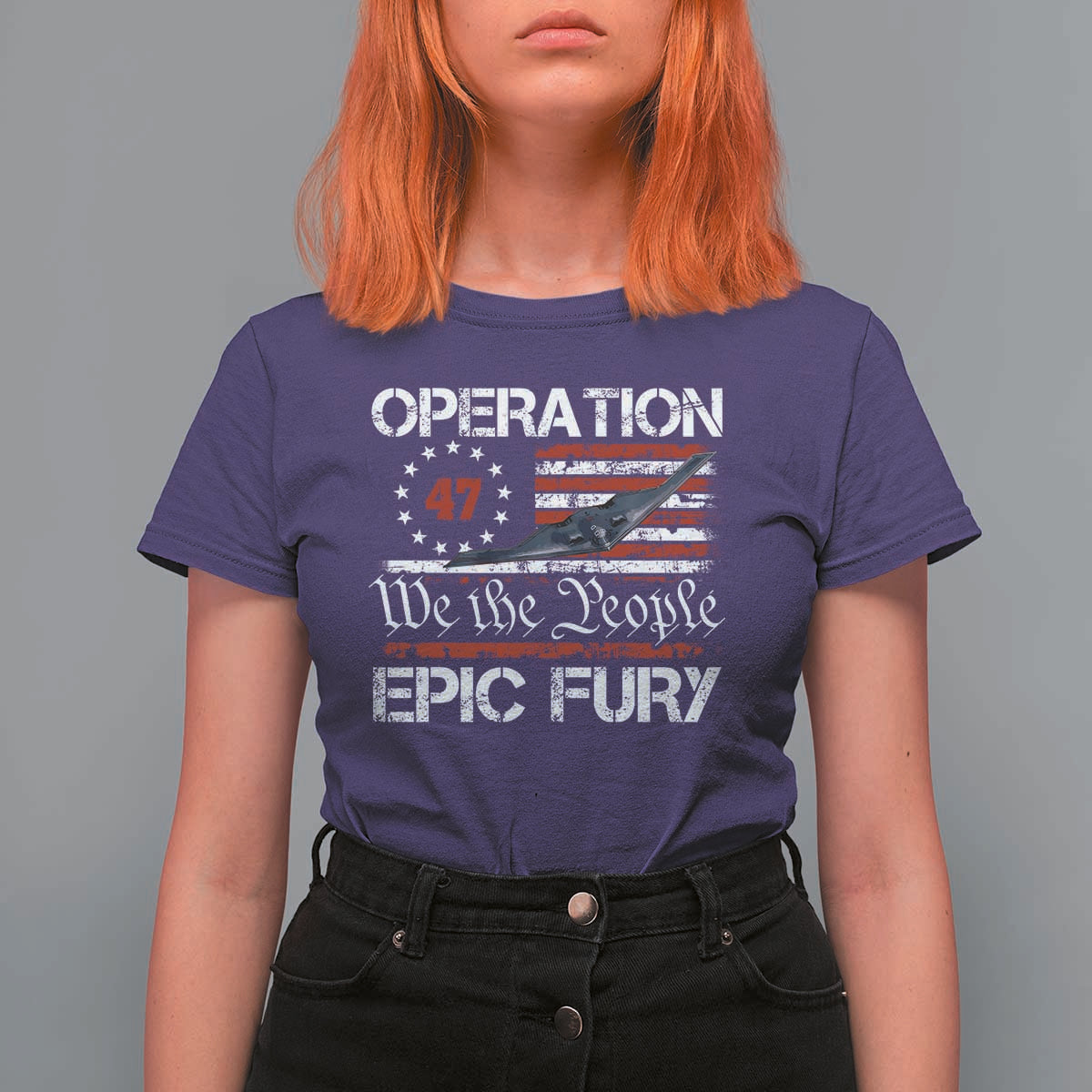 Operation Epic Fury T Shirt For Women Military Bomber Stealth Jet Vintage American Flag