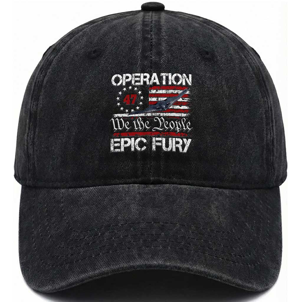 Operation Epic Fury Washed Cotton Baseball Cap Military Bomber Stealth Jet Vintage American Flag
